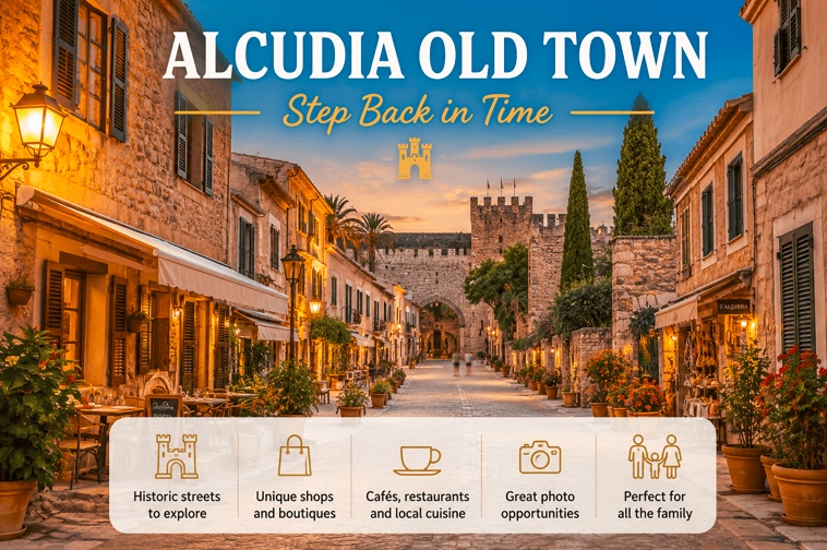 Alcudia Old Town in Mallorca featuring historic streets, medieval walls, local shops and traditional stone buildings.