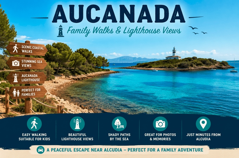 Aucanada Lighthouse and coastline near Alcudia, Mallorca, with scenic walking trails and family-friendly sea views.