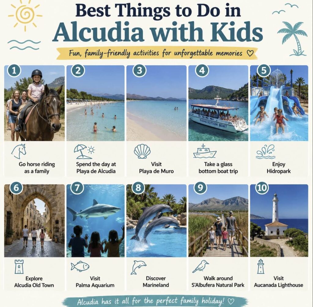Best things to do in Alcudia with kids infographic featuring horse riding, beaches, boat trips, Hidropark, Palma Aquarium and family attractions in Mallorca.