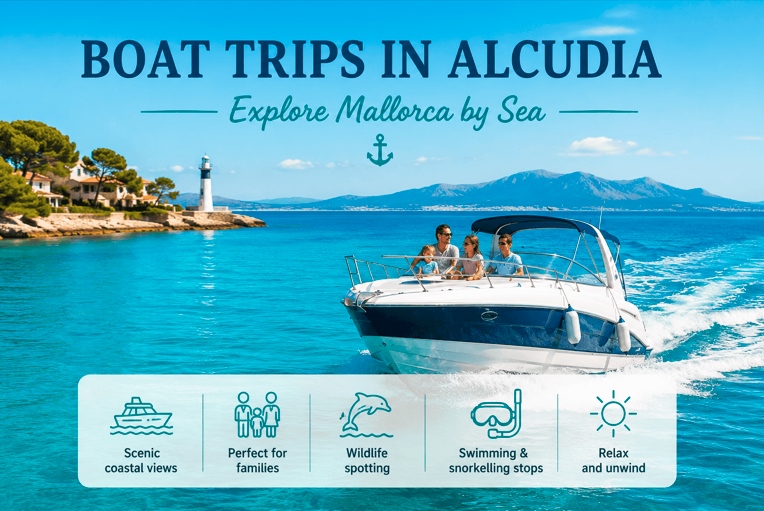 Boat trip in Alcudia, Mallorca, showing a family enjoying a coastal cruise on the Mediterranean Sea.