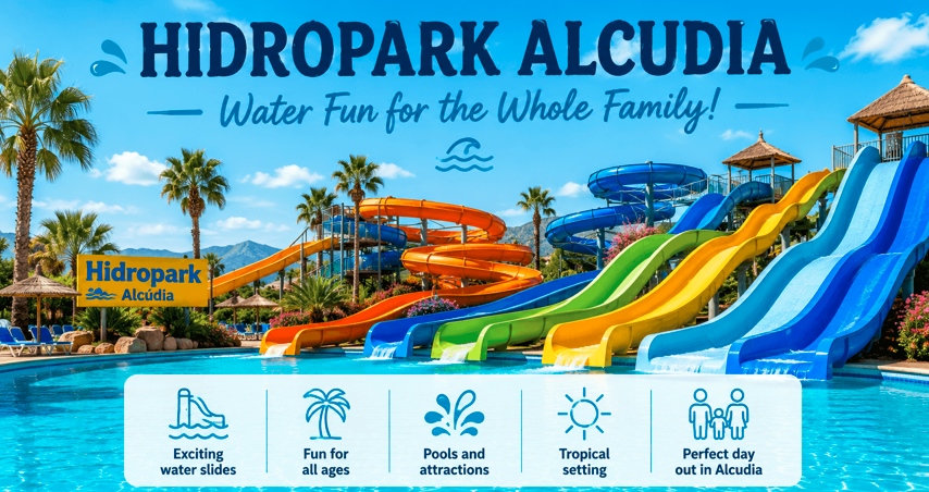 Hidropark Alcudia water park in Mallorca featuring colourful water slides, swimming pools and family-friendly attractions.
