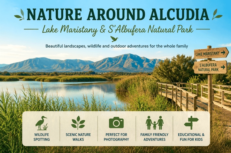 Lake Maristany and S'Albufera Natural Park in Alcudia, Mallorca, featuring wetlands, wildlife, walking trails and scenic landscapes.
