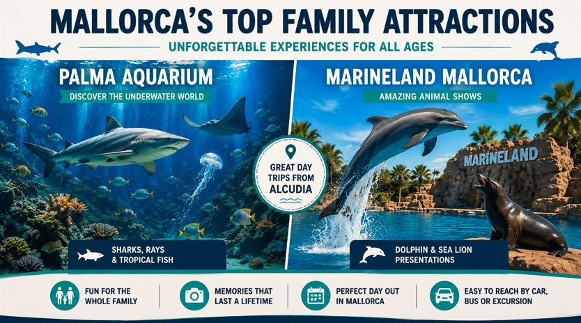Palma Aquarium and Marineland Mallorca, two popular family attractions near Alcudia featuring marine life, dolphin shows and interactive experiences.