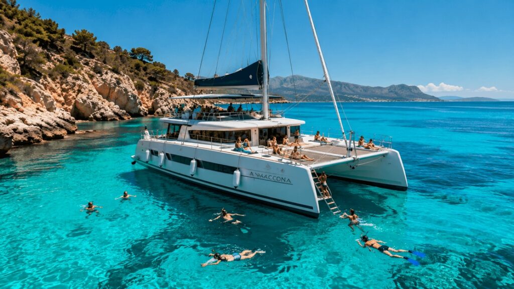 Catamaran boat trip in Alcudia anchored in crystal-clear waters for swimming and snorkelling