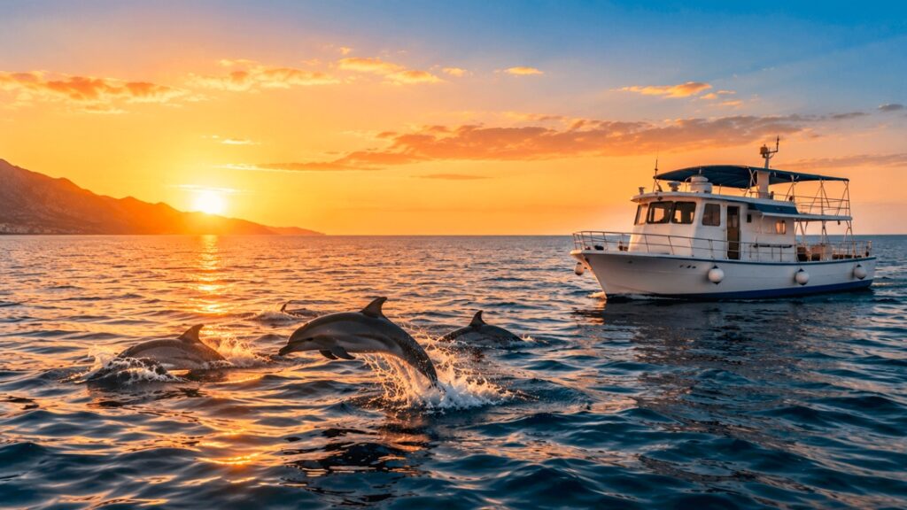 Dolphin watching boat trip in Alcudia at sunrise with wild dolphins swimming beside the boat